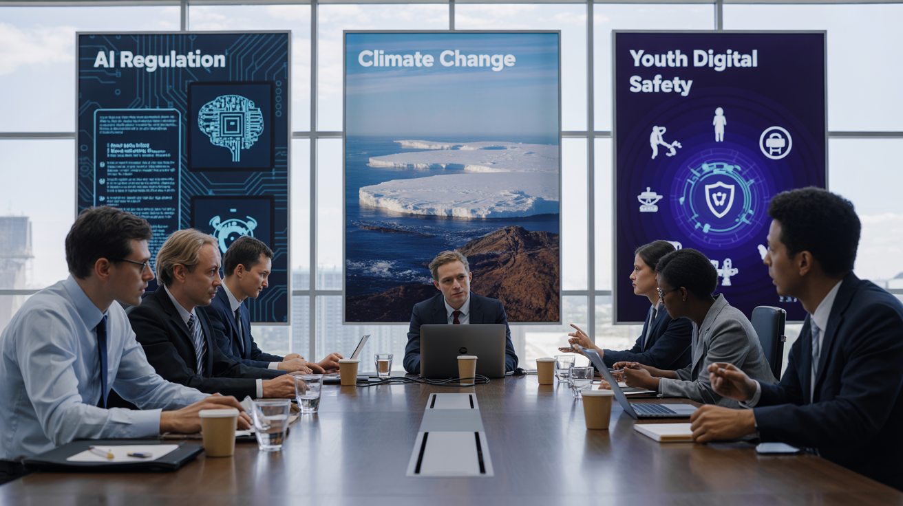 emerging global issues like artificial intelligence regulation, climate change, and youth digital safety
